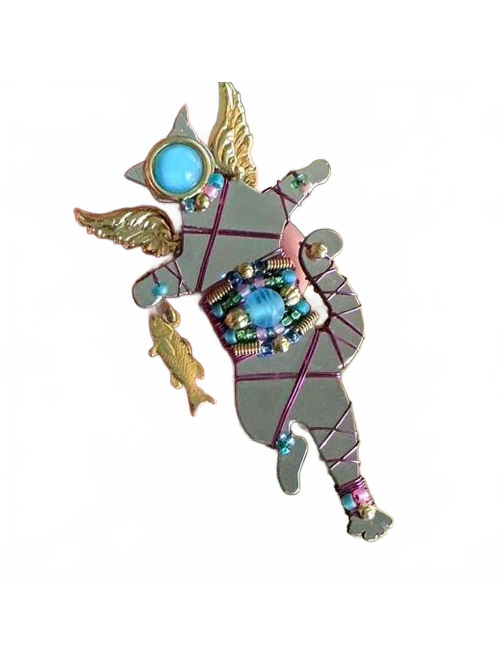 Liztech Artisan Signed Fishing Cat w/ Angel Wings Mirrored Brooch